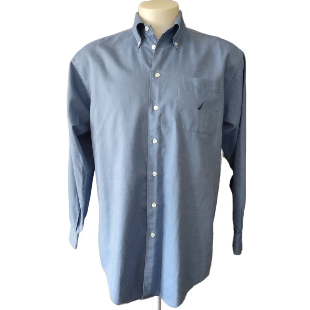 Nautica Button Down Shirt Men's 16 34/35 Blue Long Sleeve Logo Office Classic